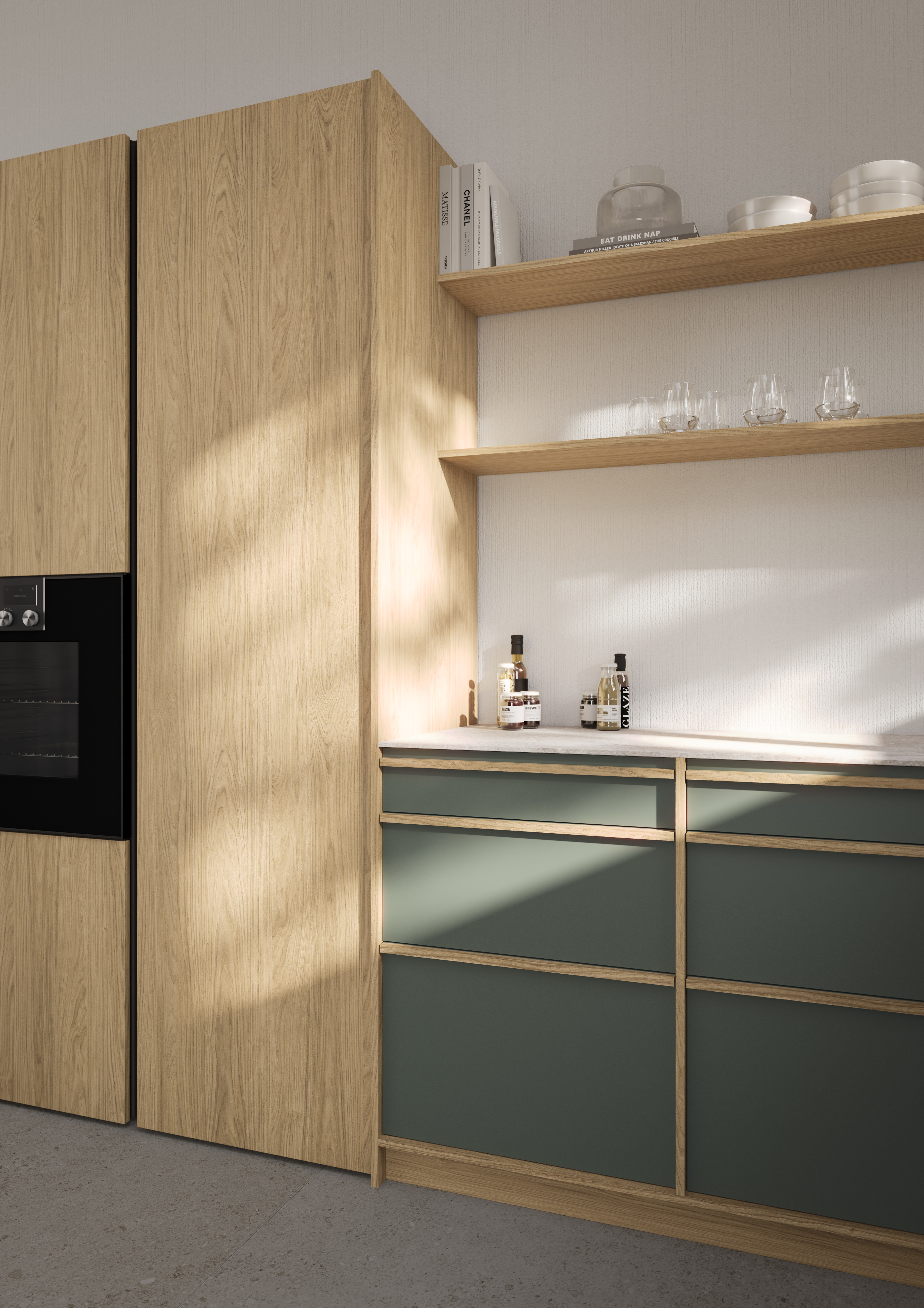 Moderne Küche mit Holzschränken, grünen Schubladen und offenen Regalen mit Geschirr.