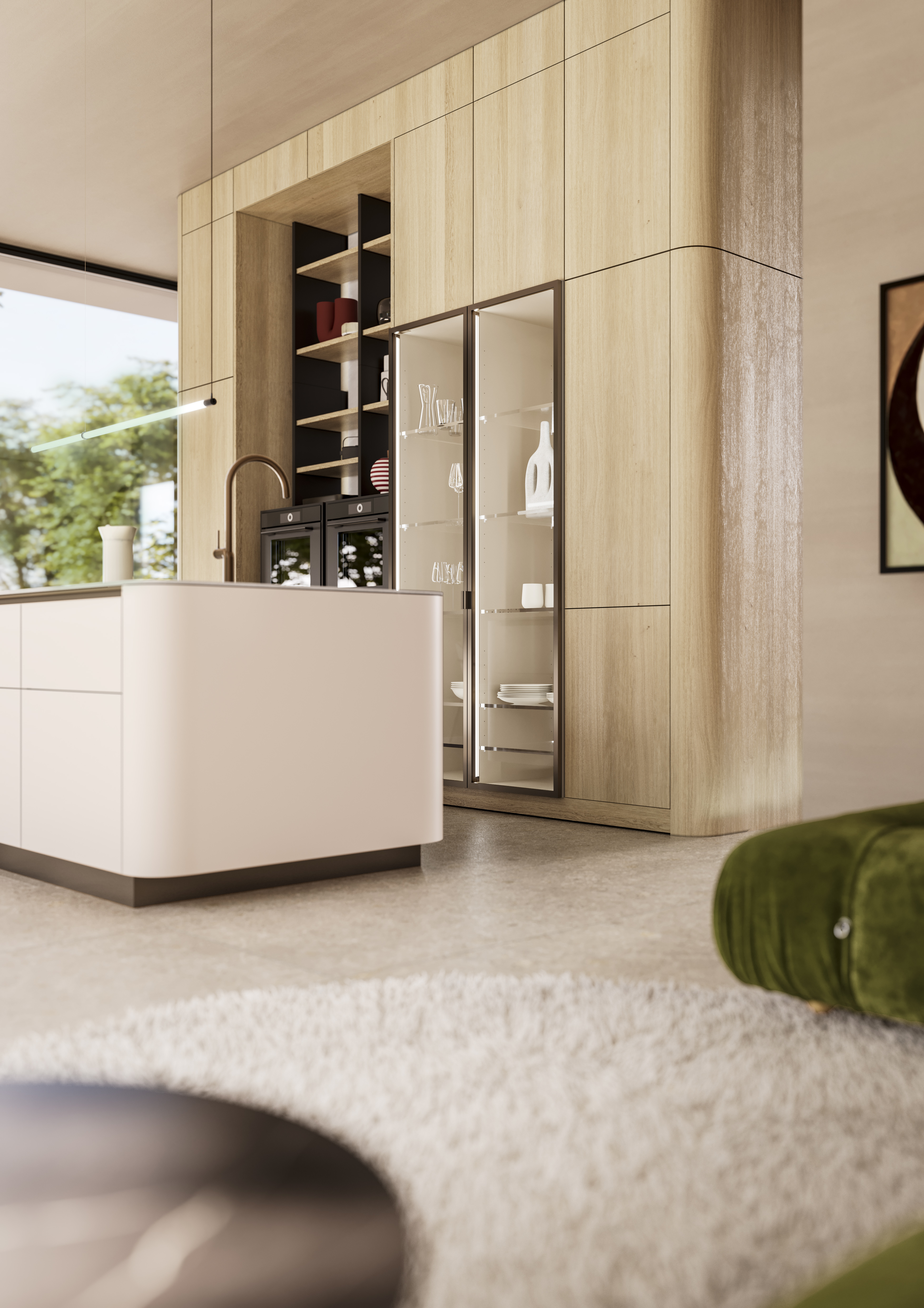 Moderne Küche mit Kücheninsel, viel Holz und großen Fenstern, helle, freundliche Atmosphäre.