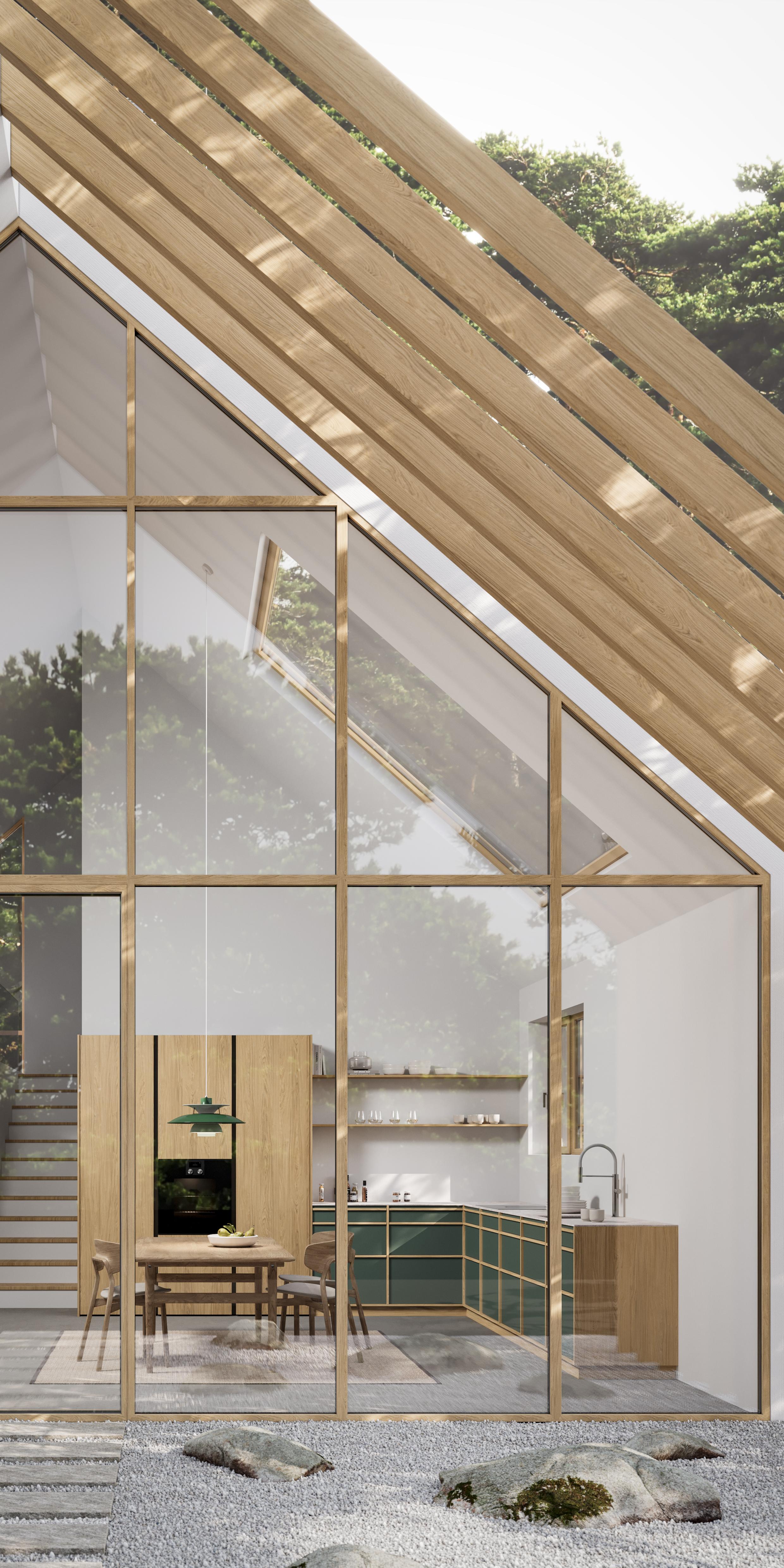 Modernes Haus mit Glasfassade, Holzrahmen und Blick auf Küche und Essbereich, Wald im Hintergrund.